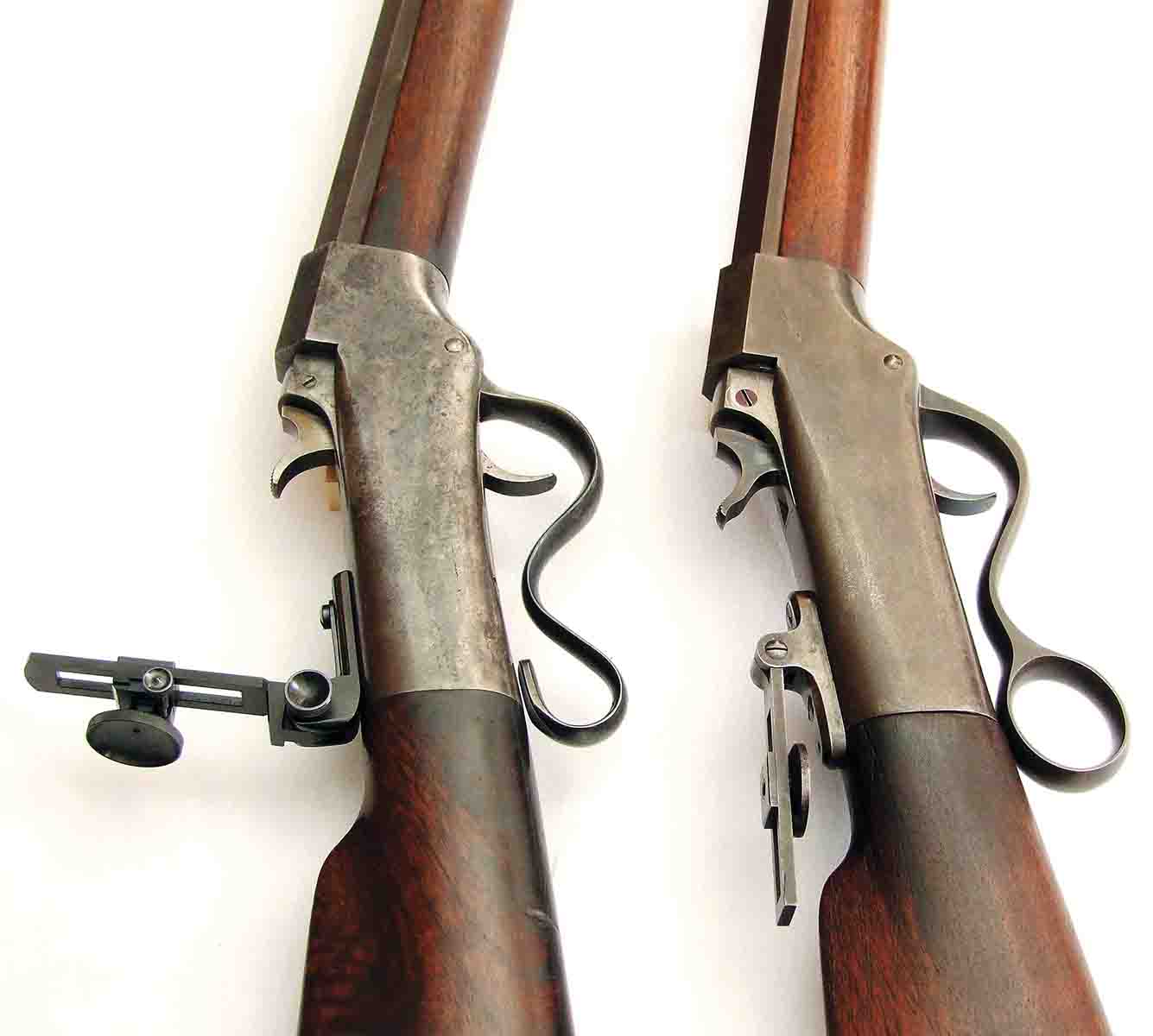 Early Brown No.4 lever on left, later production Marlin Ballard No. 4 ring lever on right. Note different hammer configurations as well.